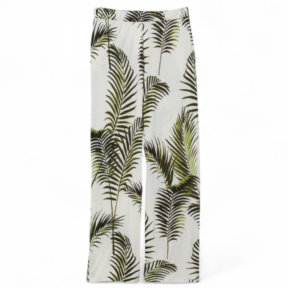 🟠 H&M Off White & Green Palm Print Wide Leg Jersey Trousers Size Medium - Picture 2 of 11